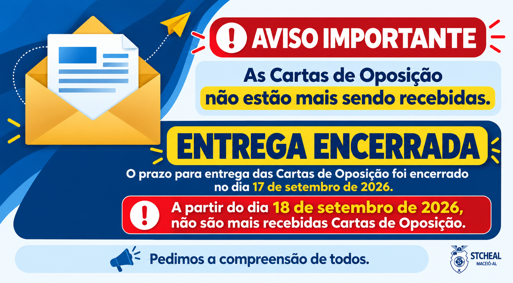 Aviso sobre o prazo para entrega da Carta de Oposição
